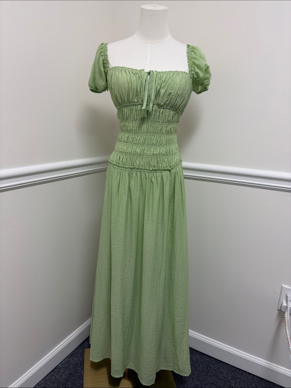 Light Green Smocked Maxi Dress with Puff Sleeves